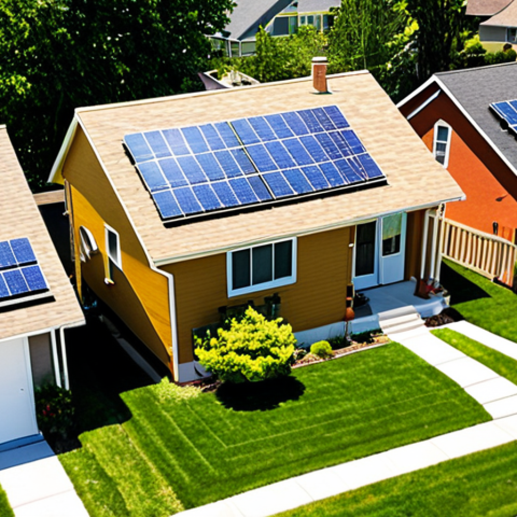 **Solar Energy Revolution**: Create an image of a suburban neighborhood with solar panels installed on rooftops, showcasing a sunny day. Include happy families interacting in their yards, emphasizing community engagement in sustainable energy solutions.