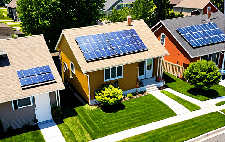 **Solar Energy Revolution**: Create an image of a suburban neighborhood with solar panels installed on rooftops, showcasing a sunny day. Include happy families interacting in their yards, emphasizing community engagement in sustainable energy solutions.